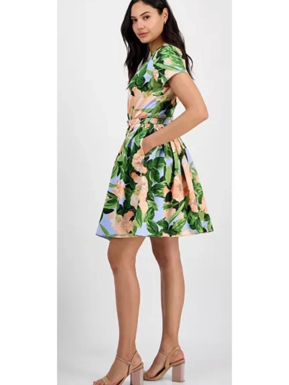 Tahari ASL Women's Floral Belted Pleated Short Sleeve Dress Size 8 - Picture 6 of 16